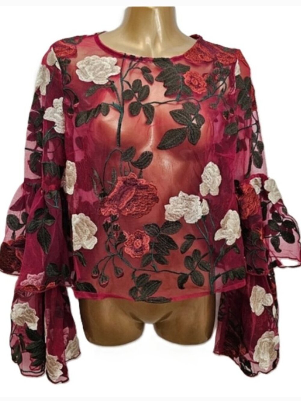 KTOO Wine Lace Embroidered Sheer Top size M